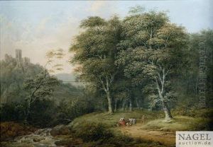 Bewaldete Landschaft Mit Bauernstaffage Und Einer Ruine Im Hintergrund by Bernhard Gottfried Manskirch
