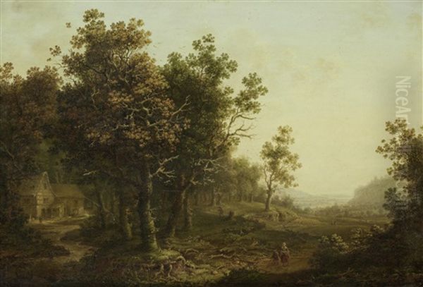 Travellers In A Wooded Landscape With A Cottage In The Distance - view 1