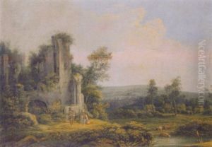 A Rhenish Landscape With Travellers By A Ruined Castle, A Cowherd Leading Cattle On A Road Beyond A Rhenish Landscape With Travellers By A Ruined Castle, A Cowherd Leading Cattle On A Road Beyond