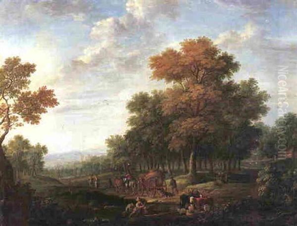 A Wooded Landscape With A Horse-drawn Cart, Peasants And Livestock On A Path - view 1
