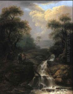 Landschaft Mit Wasserfall Und Wanderern by Bernhard Gottfried Manskirch
