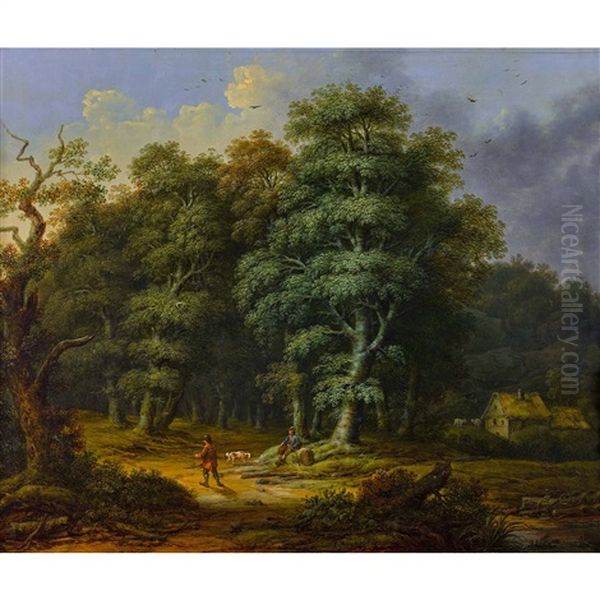 Landschaft Am Waldrand Mit Wandersleuten - view 1