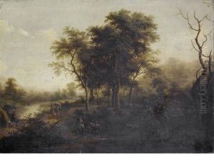 Figures On A Country Path Before A River Landscape by Franz Joseph Manskirch