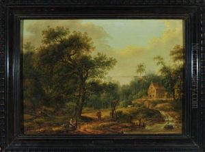 Idyllische Waldlandschaft Mit Haus Am Bachlauf, Ziegenhirte Und Zwei Bauerinnen Mit Kind