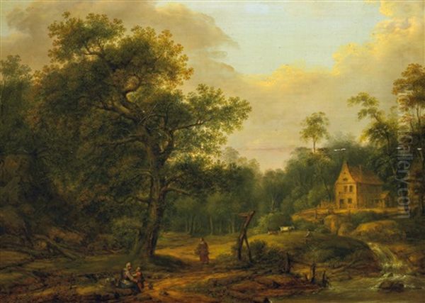 Waldlandschaft Mit Gehoften. Vorn Am Ufer Eines Bachlaufs Ein Schafhirte Sowie Wascherinnen Bei Ihrem Tagwerk - view 1