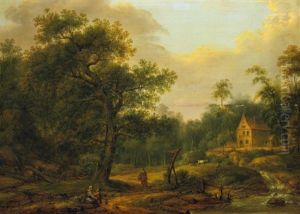 Waldlandschaft Mit Gehoften. Vorn Am Ufer Eines Bachlaufs Ein Schafhirte Sowie Wascherinnen Bei Ihrem Tagwerk by Franz Joseph Manskirch