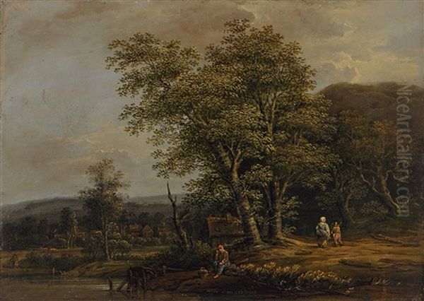 Waldlandschaft Mit Rastendem Bauern, Im Hintergrund Ein Dorf - view 1