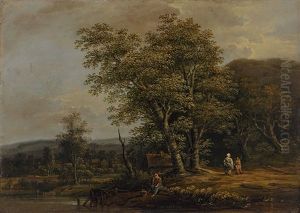Waldlandschaft Mit Rastendem Bauern, Im Hintergrund Ein Dorf by Jakob Manskirch