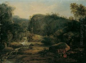 Gebirgslandschaft Mit Rastenden Wanderern by Jakob Manskirch