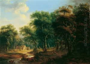 Waldlandschaft Mit Bachlauf Und Wanderern