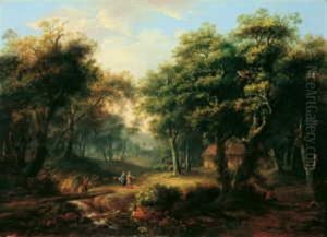 Bewaldete Landschaft Mit Einer Hutte Zwischen Baumen Und Figurenstaffage