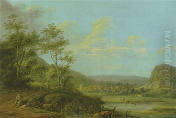 Hugellandschaft Mit Wald, Vieh Am Teich Und Einer Ortschaft Im Mittelgrund - view 1