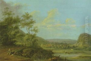 Hugellandschaft Mit Wald, Vieh Am Teich Und Einer Ortschaft Im Mittelgrund by Jakob Manskirch