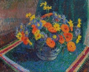 Summer Flowers In A Pottery Bowl On A Table Summer Flowers In A Pottery Bowl On A Table