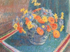 A Still Life Of Summer Flowers In A Pottery Bowl On A Table by James Bolivar Manson