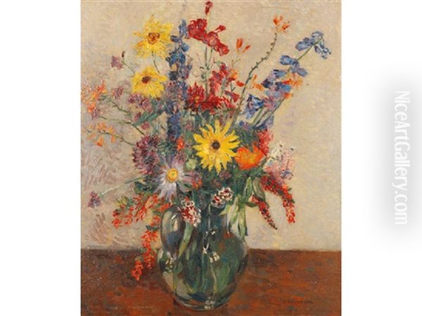 A Still Life Of Summer Flowers In A Glass Jug On A Table Top - view 1