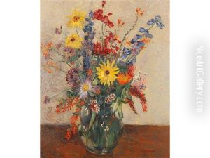 A Still Life Of Summer Flowers In A Glass Jug On A Table Top by James Bolivar Manson