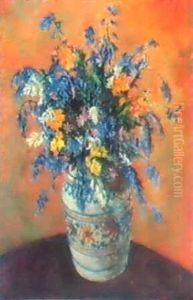 Bluebells And Narcissi In A Decorated Vase