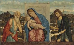 The Madonna And Child Enthroned, With Saints Jerome And John The Baptist, In A Landscape by Giovanni di Niccolo Mansueti