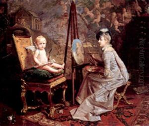 Elegant Interior Scene With An Artist Painting Cupid by Giacomo Mantegazza