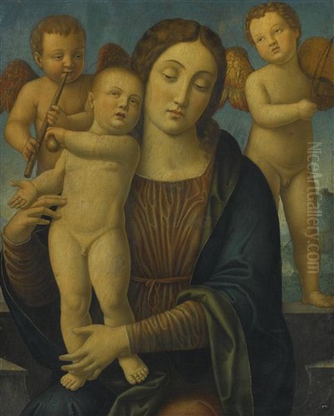 The Madonna And Child Seated On A Ledge With Musical Angels, A Mountainous Landscape Beyond - view 1