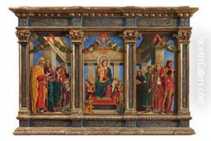 La Vierge A L'enfant Entoures D'anges (+ 2 Others; Triptych) by Andrea Mantegna