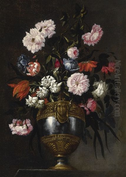 Still Life Of Roses, Tulips, Anemones And Peonies In A Vase Ornamented With A Grotesque Mask - view 1