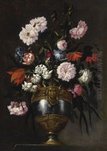 Still Life Of Roses, Tulips, Anemones And Peonies In A Vase Ornamented With A Grotesque Mask