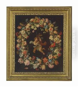 An Angel Carrying The Instruments Of The Passion, Surrounded By A Garland Of Carnations, Daffodils, Jasmine And Other Flowers