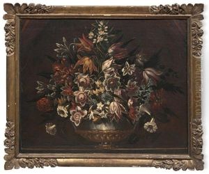 Bouquet De Fleurs Dans Un Vase De Bronze Cercle D'argent, Pose Sur Un Entablement