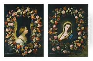 A Flower Garland Surrounding The Angel Gabriel; A Flower Garland Surrounding The Virgin Annunciate (pair)