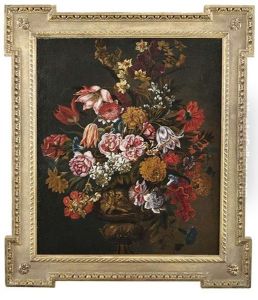 Blumenstilleben In Einer Reliefierten Vase Mit Putto Und Lowe Vor Dunklem Hintergrund