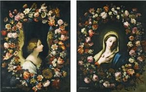 A Flower Garland Surrounding The Angel Gabriel; A Flower Garland Surrounding The Virgin Annunciate (2 Works) by Francesco Mantovano