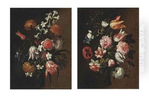 Parrot Tulips, Peonies, A Rose And Other Flowers (+ Chrysanthemums, Tulips And Other Flowers; Pair) by Francesco Mantovano