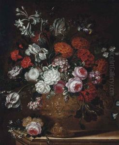 Carnations, Roses, Parrot Tulips And Other Flowers In A Sculpted Urn On A Stone Ledge by Francesco Mantovano