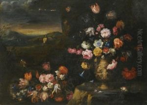 Still Lifes, Each With Vases Of Flowers In A Coastal Landscape Setting (pair) Still Lifes, Each With Vases Of Flowers In A Coastal Landscape Setting (pair)