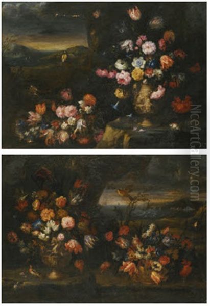 Still Life With Vase Of Flowers In A Coastal Landscape Setting (+ Another; Pair) - view 1
