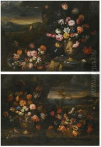 Still Life With Vase Of Flowers In A Coastal Landscape Setting (+ Another; Pair) by Francesco Mantovano