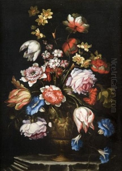 Bouquets De Fleurs Dans Des Vases A Decor De Grotesques (pair) - view 1