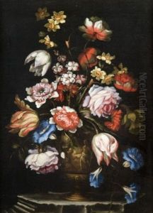 Bouquets De Fleurs Dans Des Vases A Decor De Grotesques (pair)