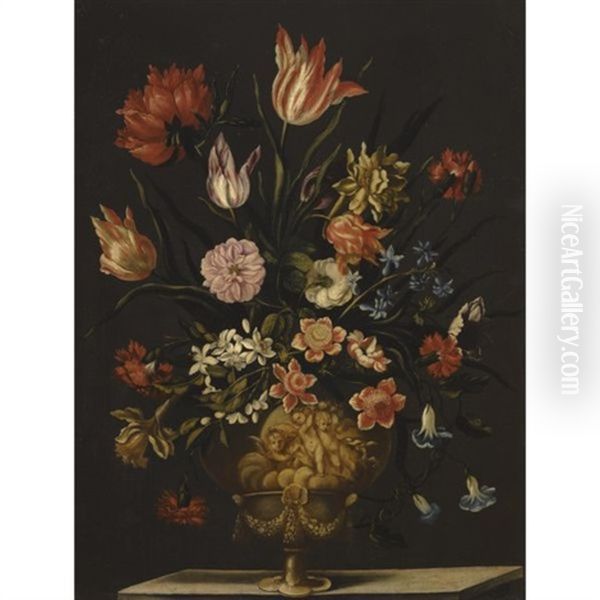 Still Life Of Tulips, Roses, Carnations, Chrysanthemums, And Other Flowers In A Sculpted Vase Over A Ledge - view 1