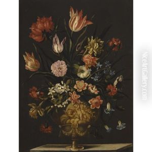 Still Life Of Tulips, Roses, Carnations, Chrysanthemums, And Other Flowers In A Sculpted Vase Over A Ledge