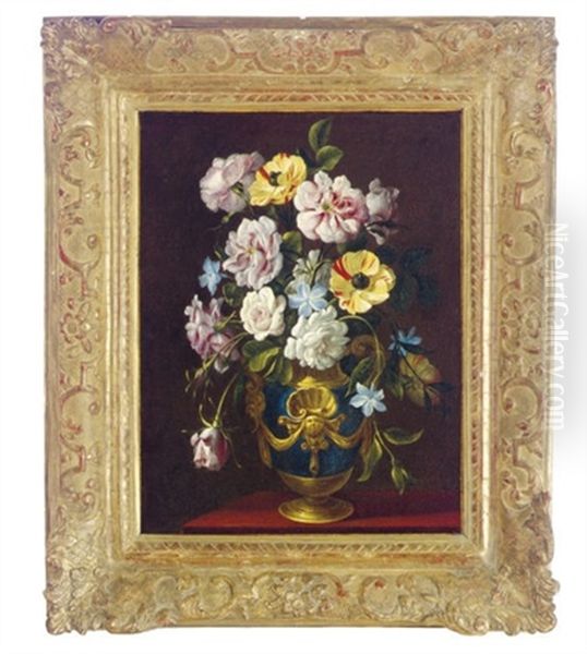 Still Life Of Flowers In A Decorative Blue Vase - view 1