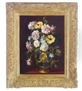 Still Life Of Flowers In A Decorative Blue Vase