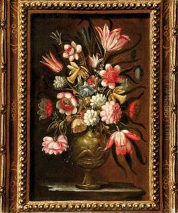 Nature Morte Au Bouquet De Fleurs Dans Un Encadrement En Trompe L'oeil