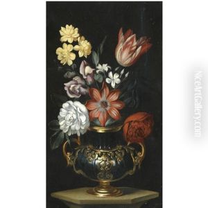 A Still Life With Parrot Tulips, Roses And Other Flowers In A Vase On A Ledge by Francesco Mantovano