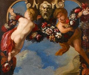Putti Amongst Garlands Of Flowers, With A Stone Cartouche (pair) by Francesco Mantovano