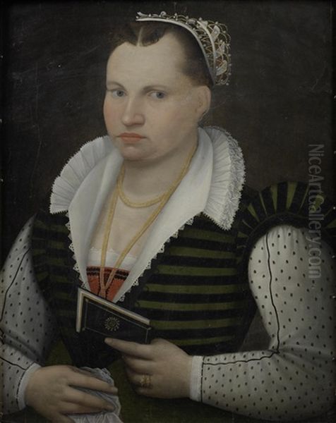 Portrait Of A Lady, In A Hooped Black And Green Dress And A White Chemise, Holding A Petrarchino - view 1