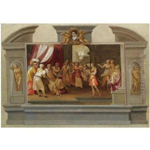 A Trompe L'oeil Design For A Wall Monument, With David Playing The Harp Before Saul, A Portrait Of A Young Man Held By Putti Above by Tommaso Manzuoli