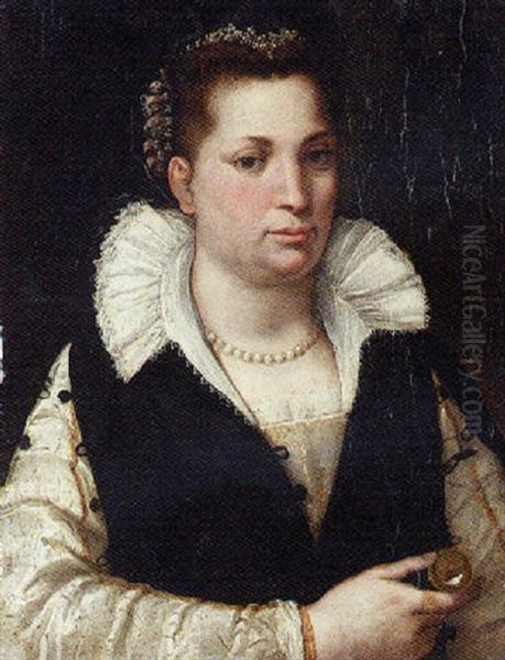 Portrait Of A Lady, In A Black And Silver Dress With A Lace Collar, A Brooch In Her Right Hand - view 1